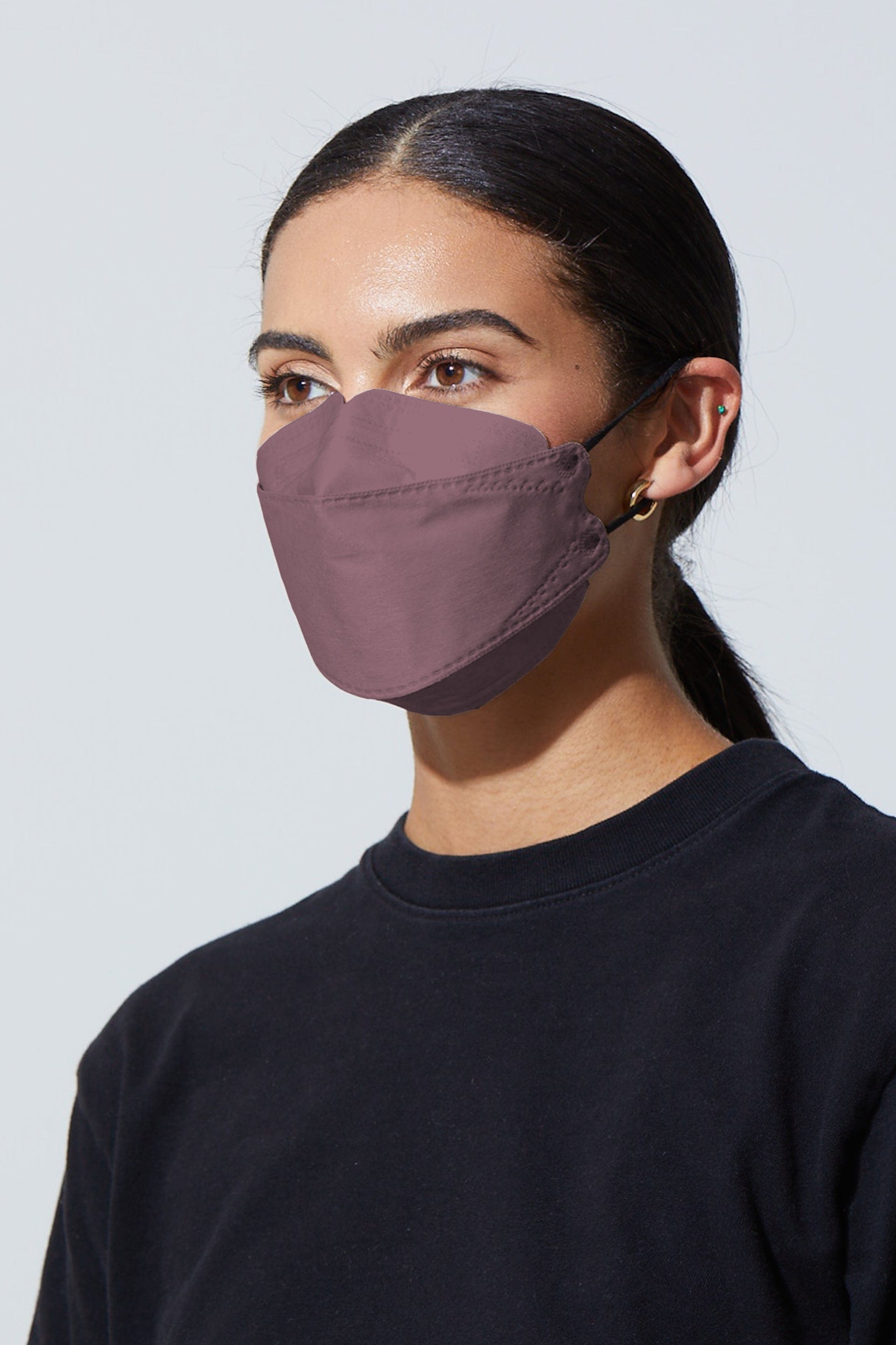 Woman wearing stylish Dark Purple KF94 face mask, with high quality breathable fabric. 