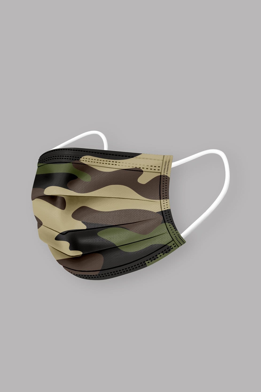 Stylish Green Camo Pleated face mask, with soft black ear loops and high quality fabric. 