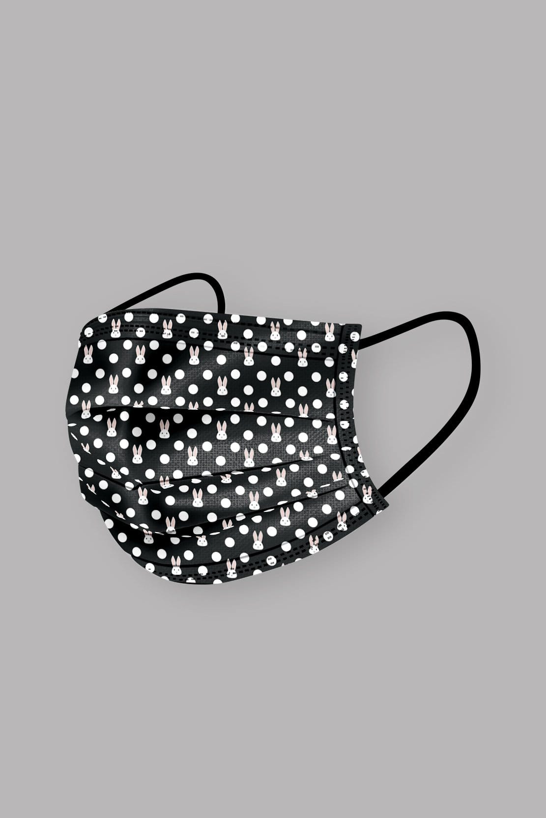 Stylish Polka Dot Bunny Printed Pleated face mask, with soft black ear loops and high quality fabric. 
