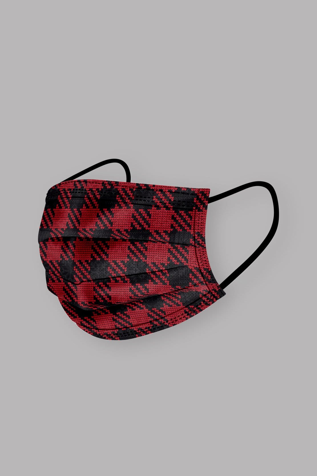 Stylish Red & Black Plaid Pleated face mask, with soft black ear loops and high quality fabric. 