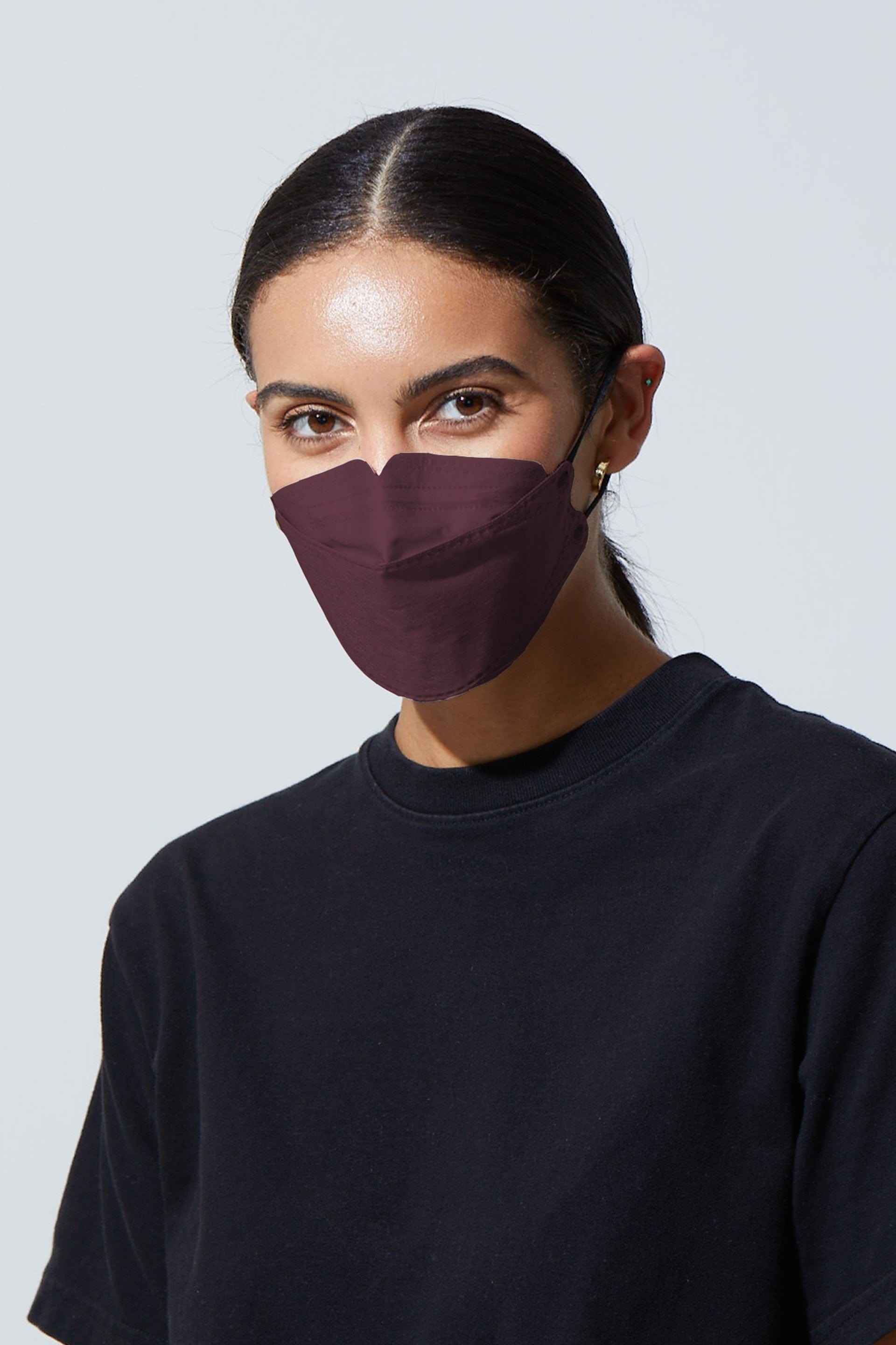 Woman wearing stylish Dark Red KF94 face mask, with high quality breathable fabric. 