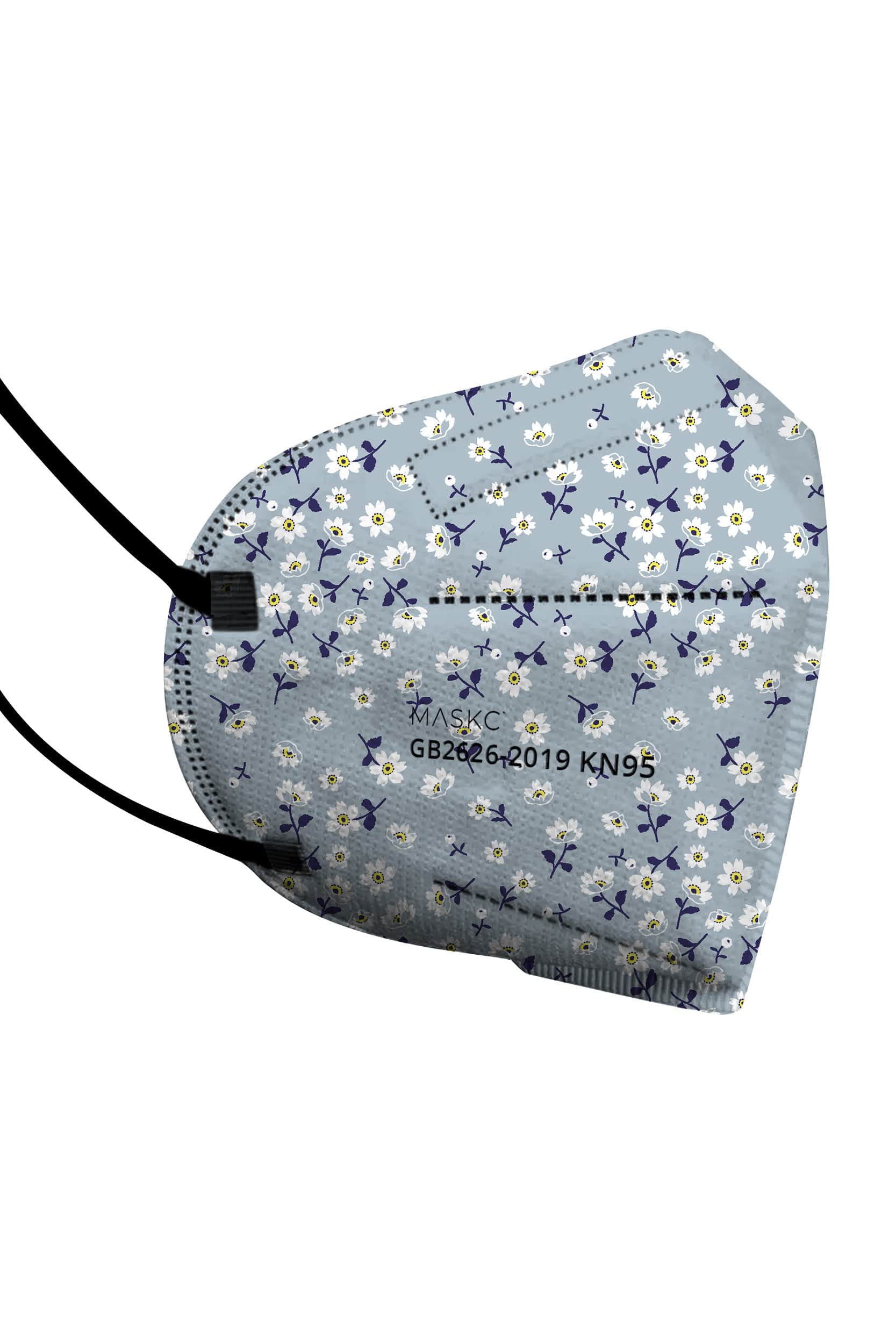Stylish Blue Floral KN95 face mask, with soft black ear loops and high quality fabric. 