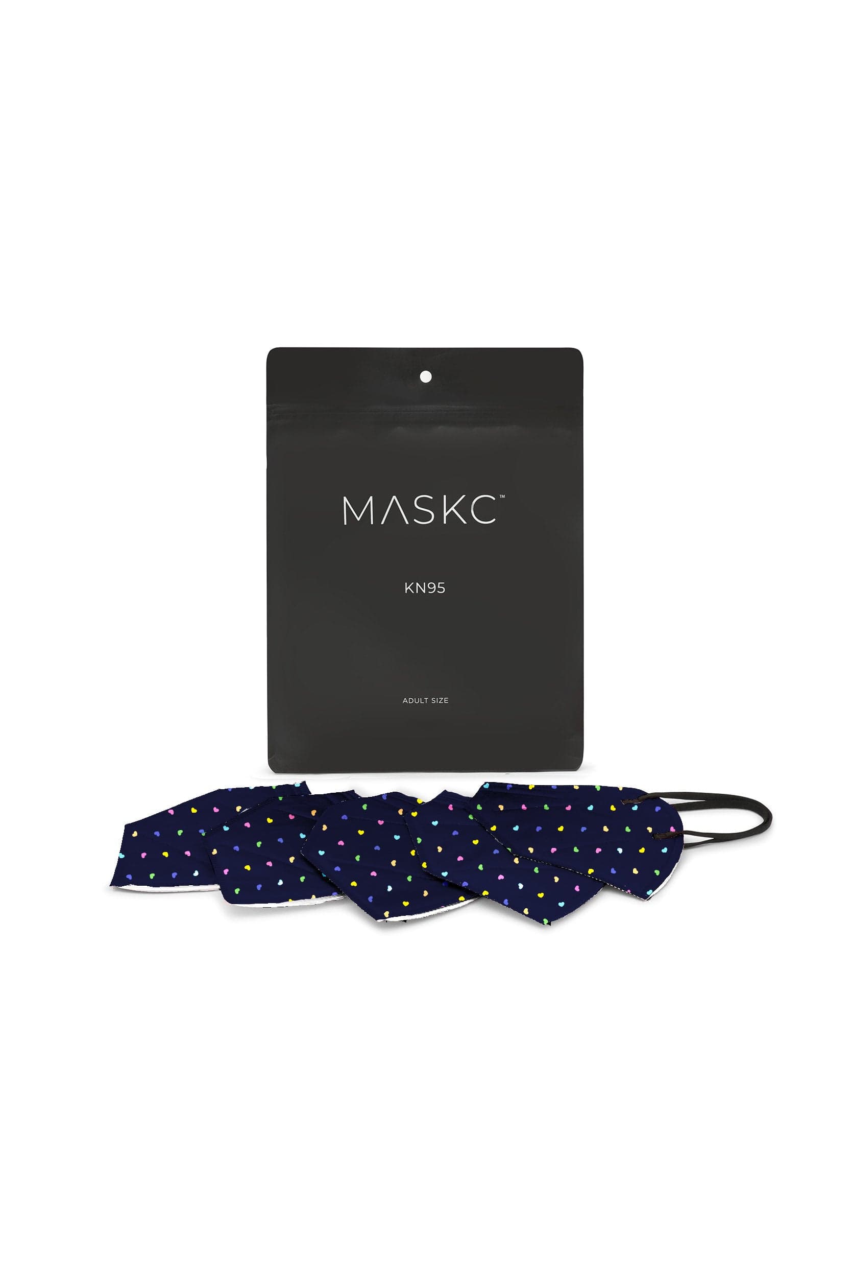 Pack of Dark Blue KN95 face masks with colorful printed hearts. Each pack contains stylish high quality face masks. 