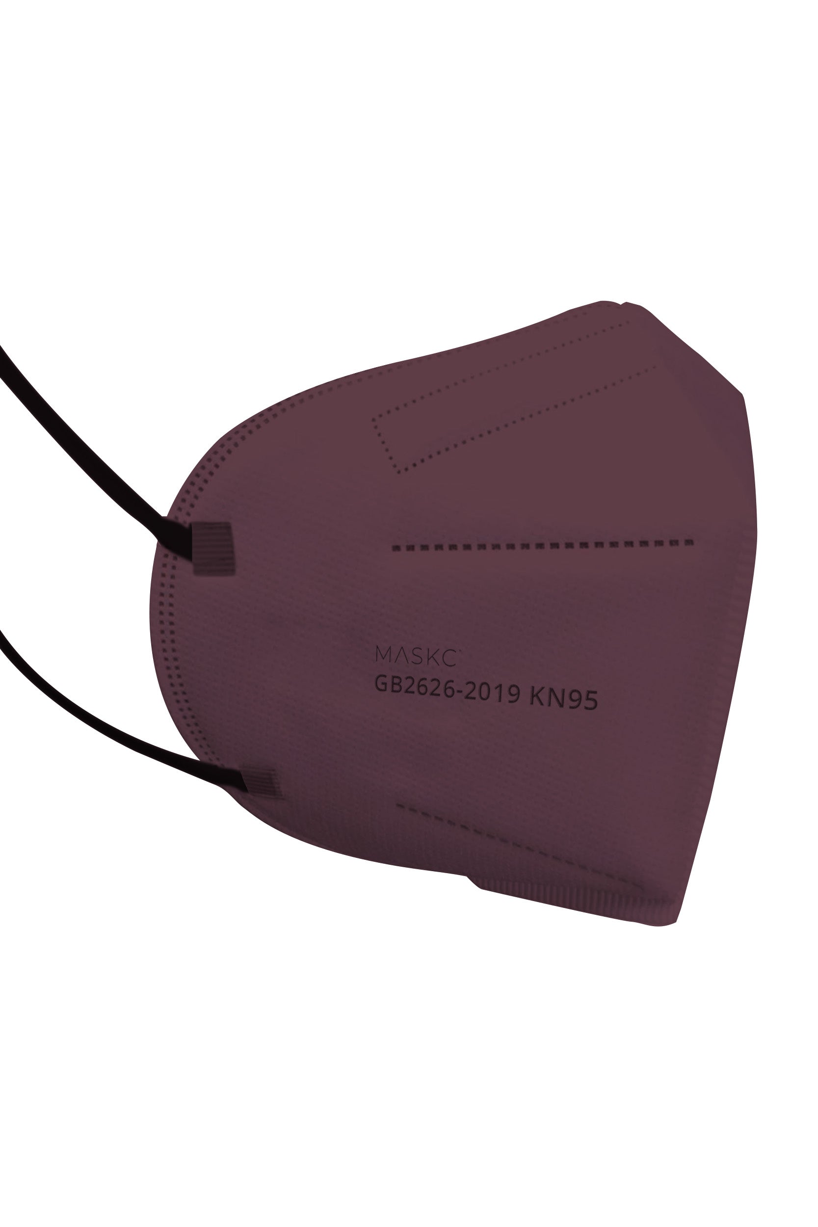 Stylish Dark Purple KN95 face mask with printed pink hearts, with soft black ear loops and high quality fabric. 