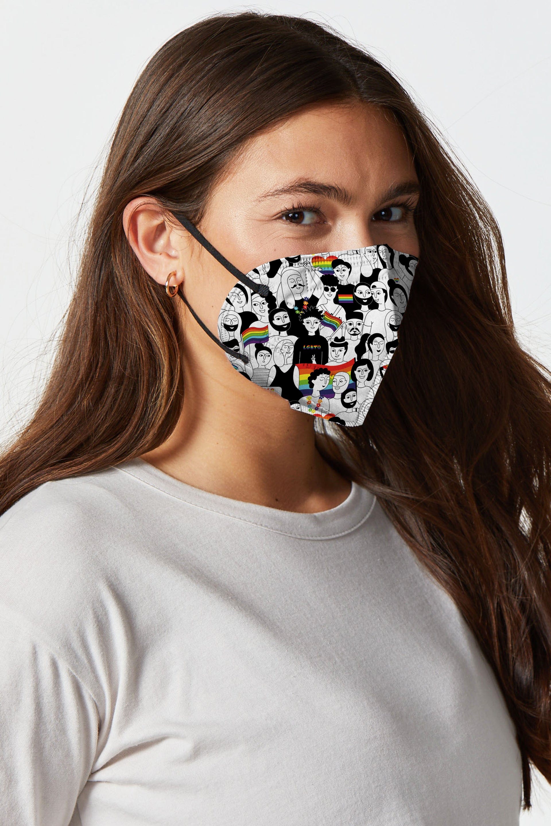 Woman wearing stylish equality pride print KN95 face mask, with high quality breathable fabric. 