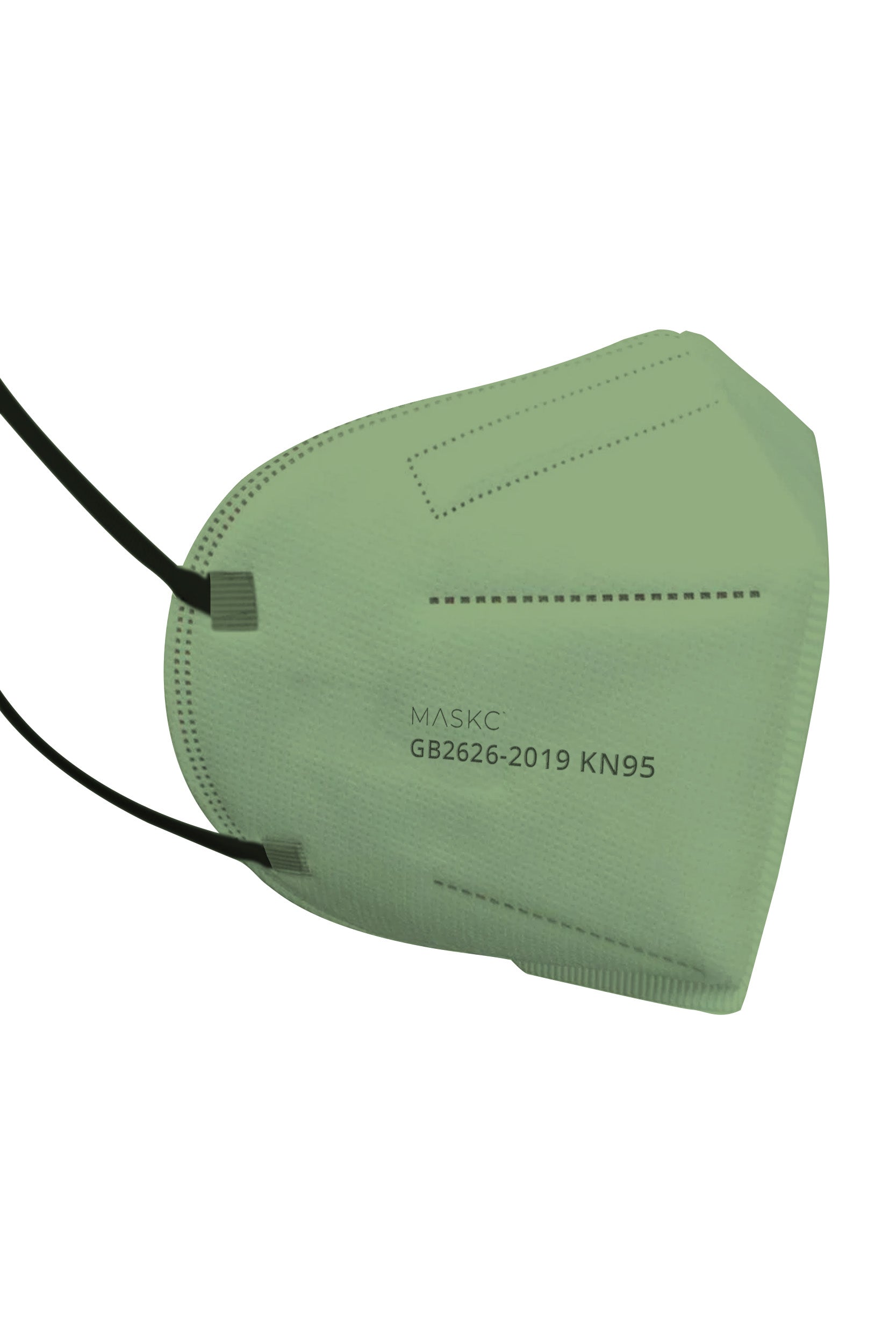 Stylish green KN95 face mask, with soft black ear loops and high quality fabric. 