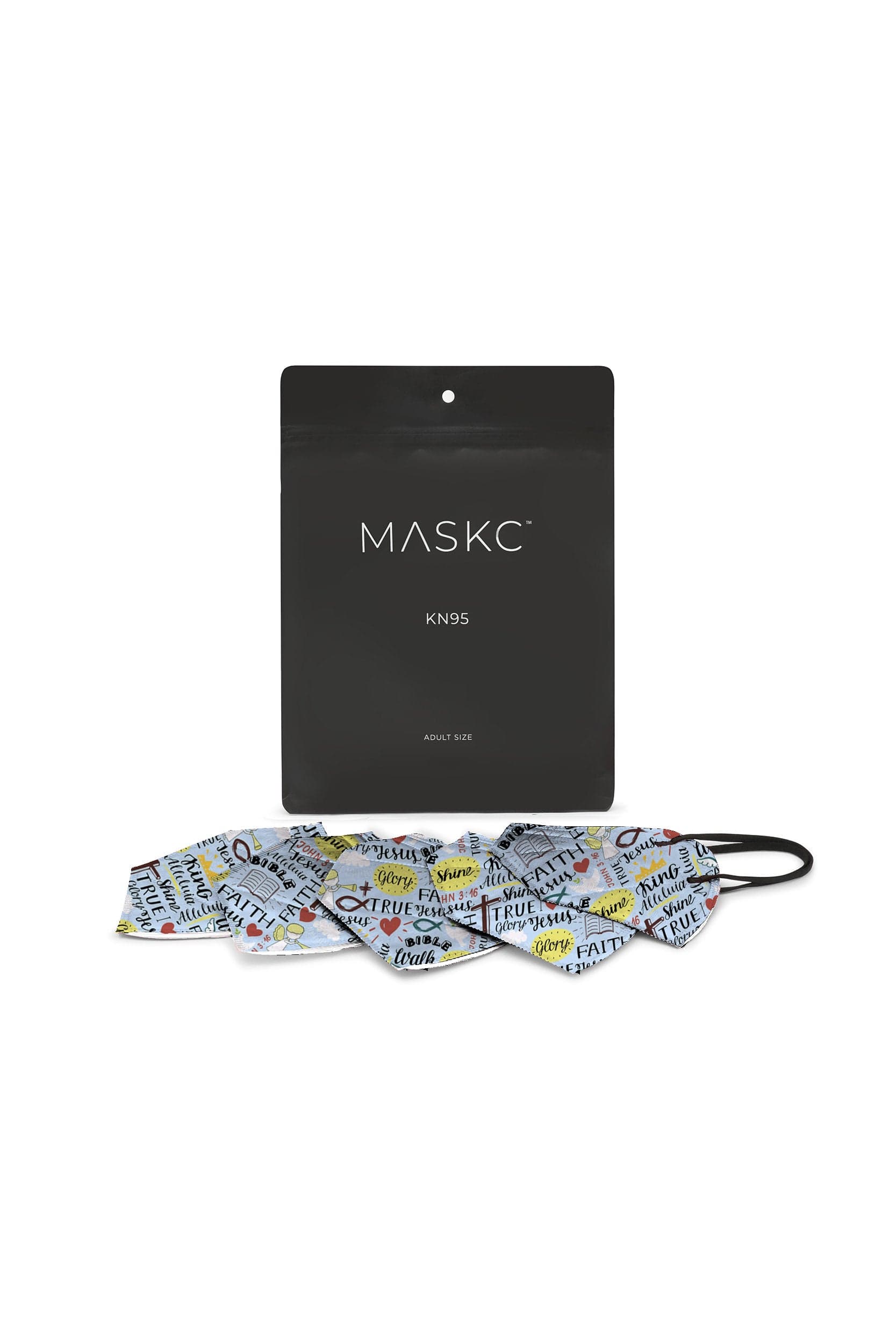 Pack of Light Blue Jesus Printed KN95 face masks. Each pack contains stylish high quality face masks. 