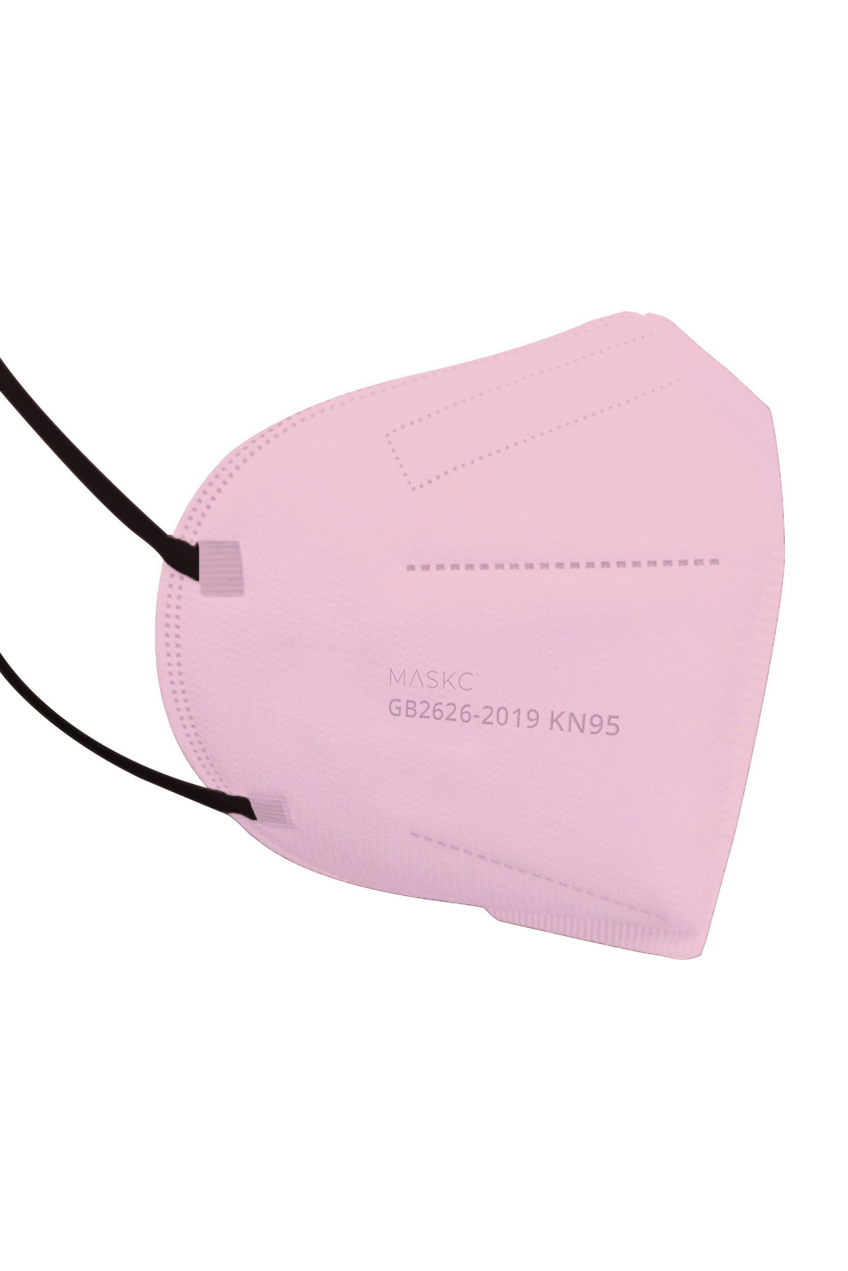 Stylish light pink KN95 face mask, with soft black ear loops and high quality fabric. 