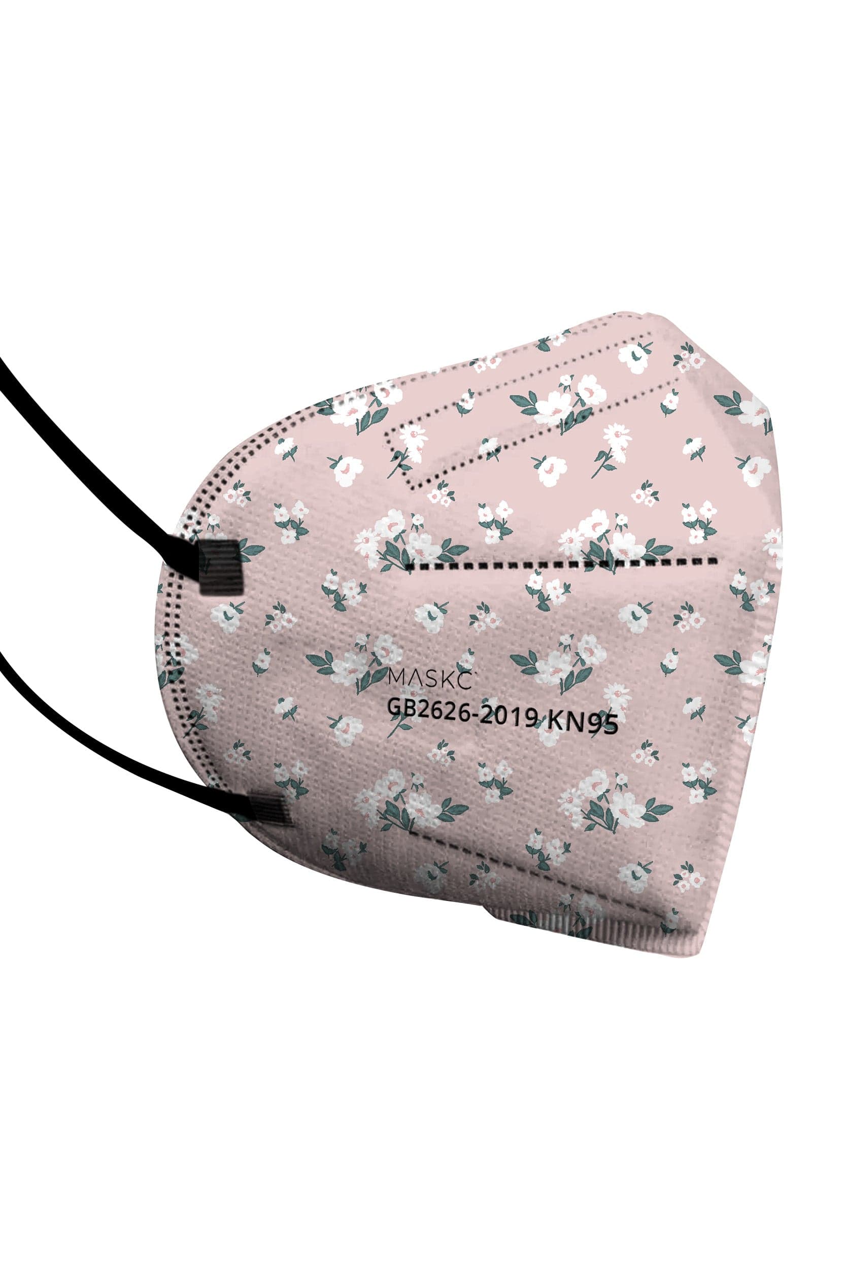 Stylish Light Pink Floral KN95 face mask, with soft black ear loops and high quality fabric. 