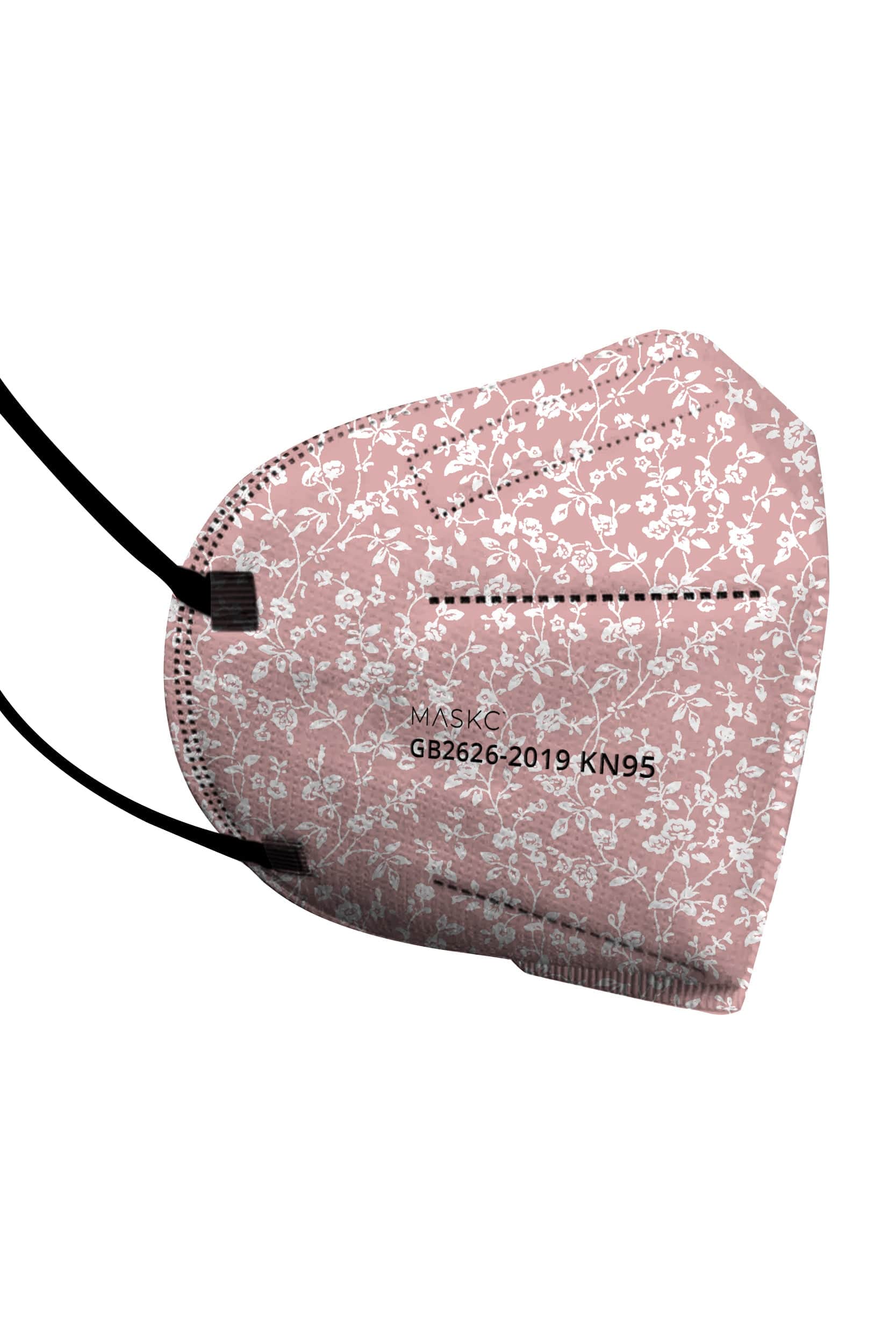 Stylish Pink Floral KN95 face mask, with soft black ear loops and high quality fabric. 