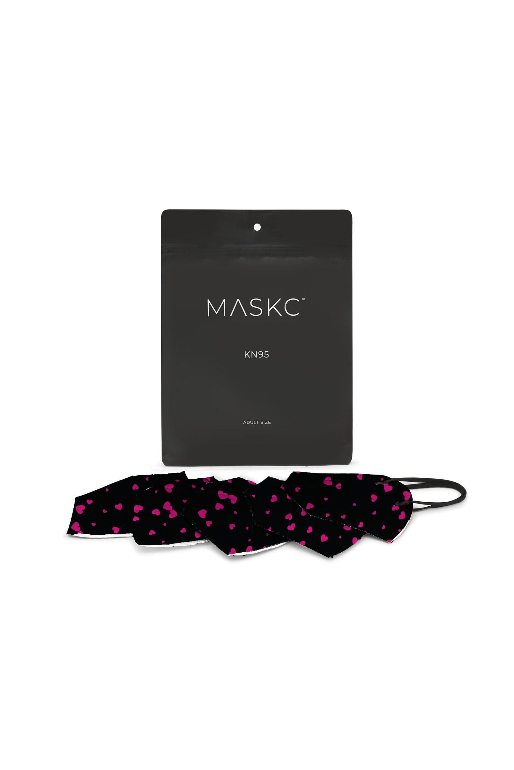 Pack of Black KN95 face masks with Pink Heart Print. Each pack contains stylish high quality face masks. 