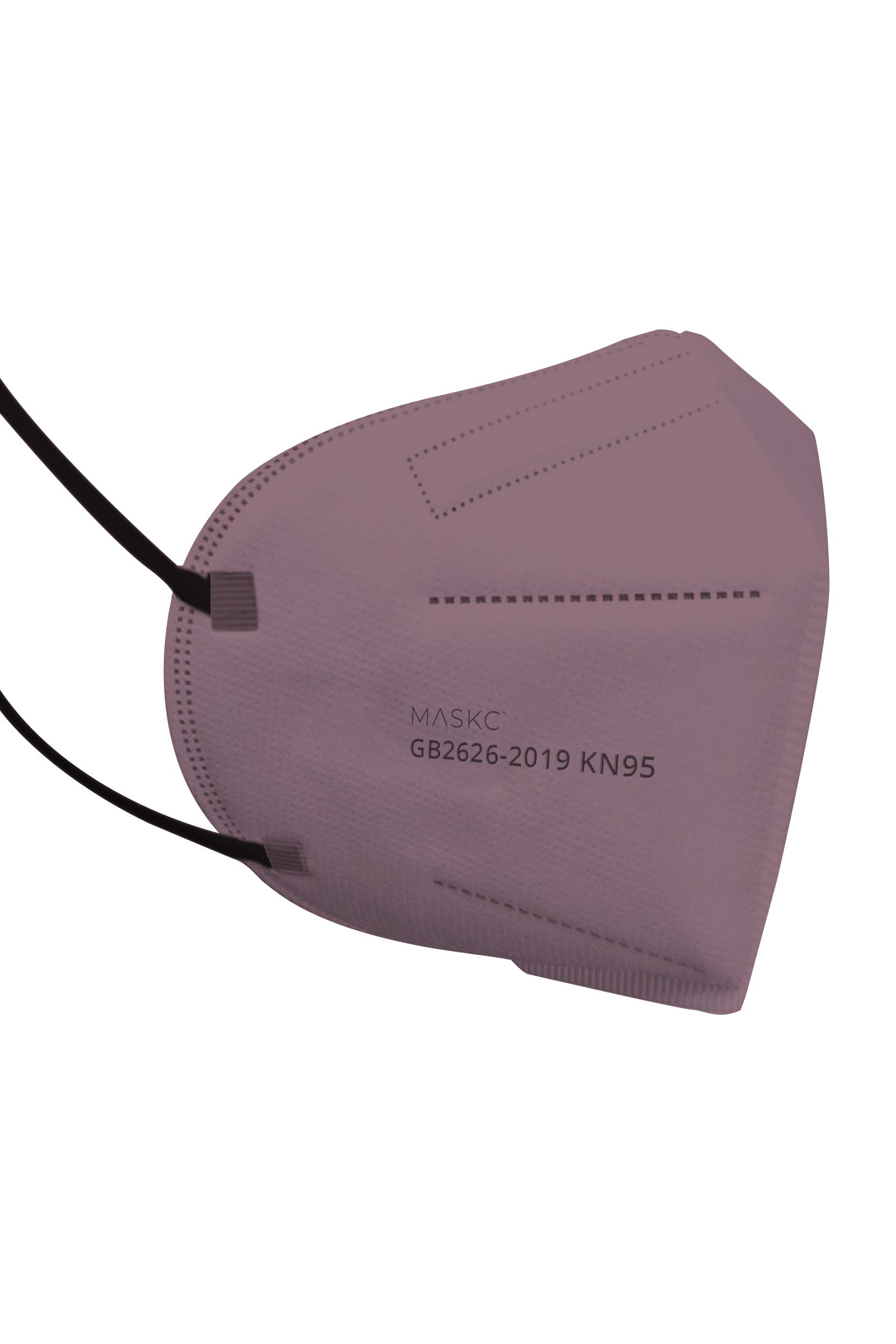 Stylish Purple KN95 face mask with printed pink hearts, with soft black ear loops and high quality fabric. 