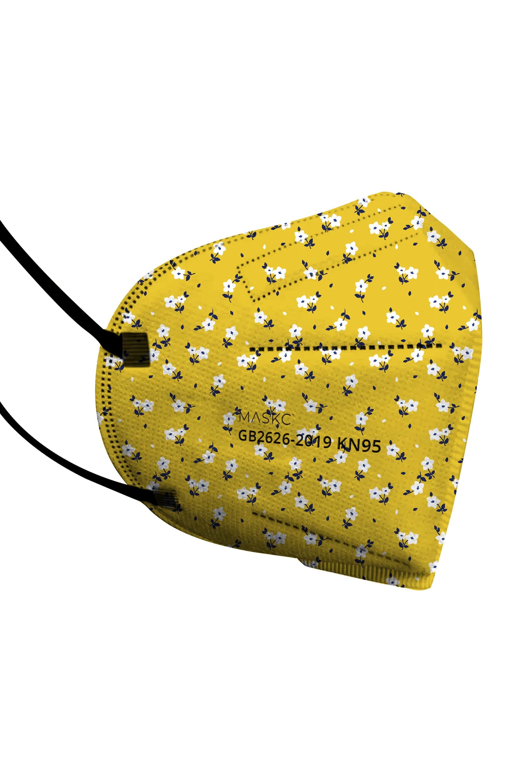 Stylish Yellow Floral KN95 face mask, with soft black ear loops and high quality fabric. 