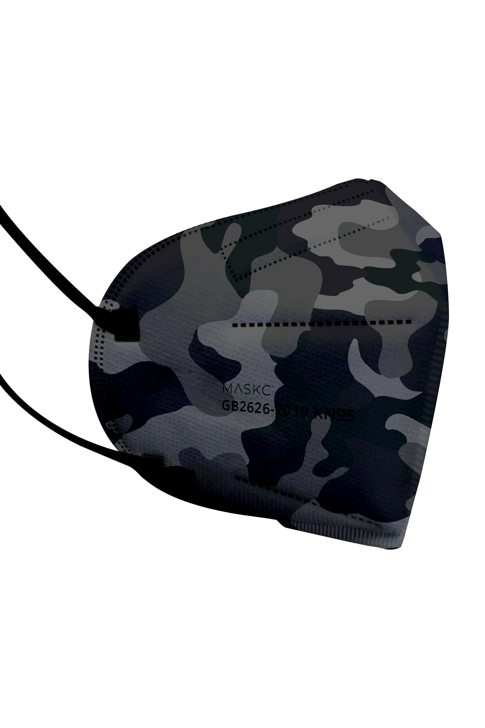 Stylish Black Camo Printed KN95 face mask, with soft black ear loops and high quality fabric.