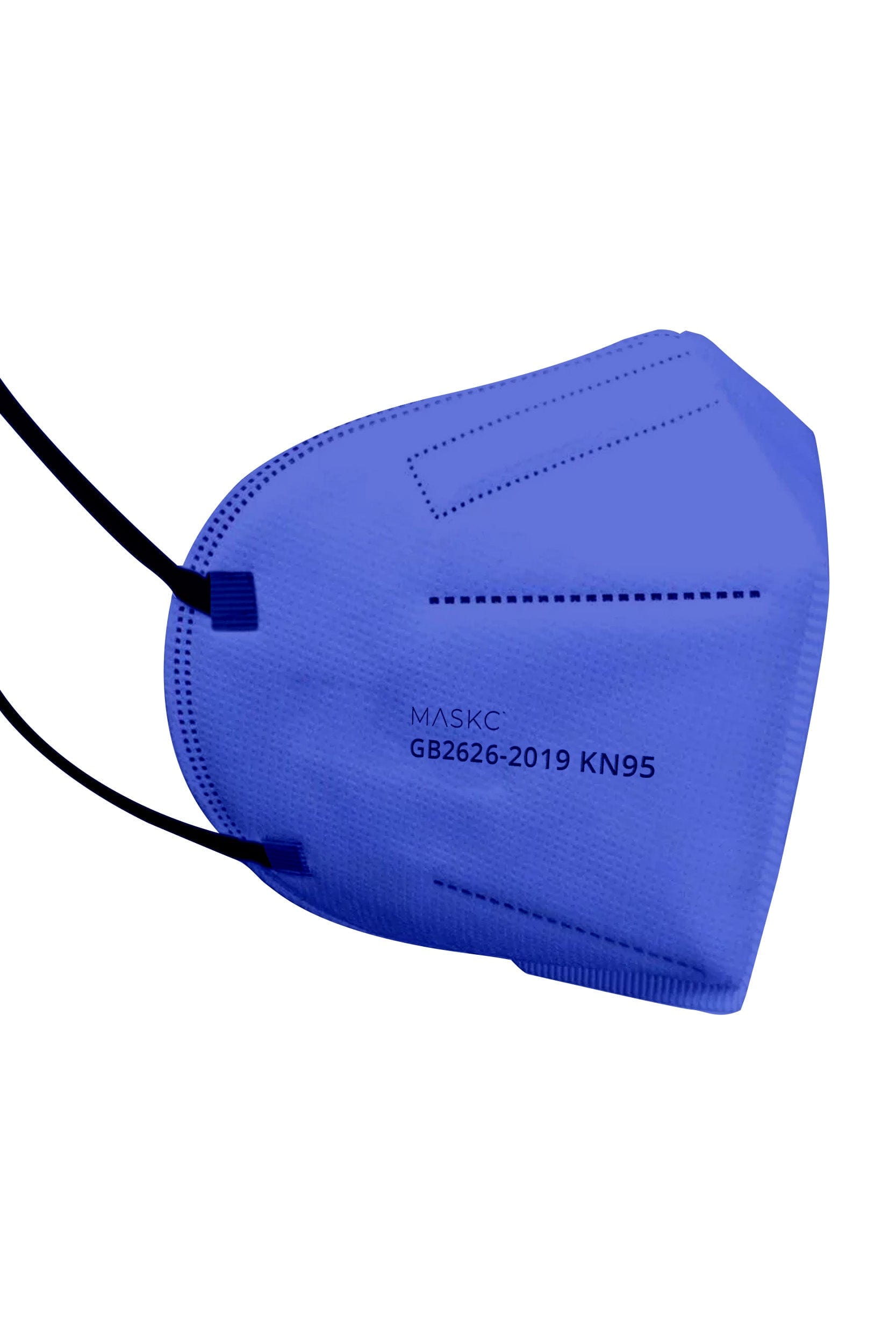 Stylish dark blue KN95 face mask, with soft black ear loops and high quality fabric. 
