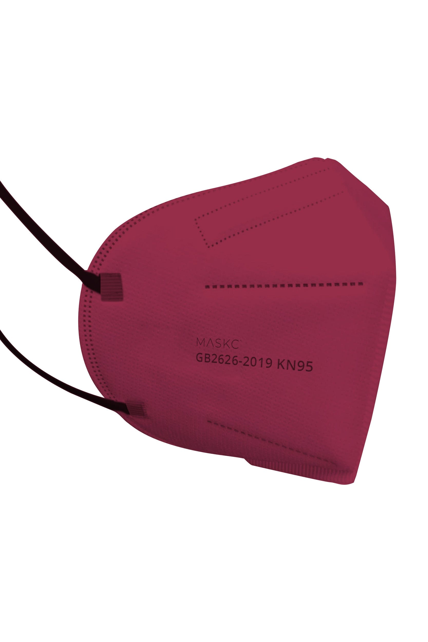 Stylish deep red KN95 face mask, with soft black ear loops and high quality fabric. 