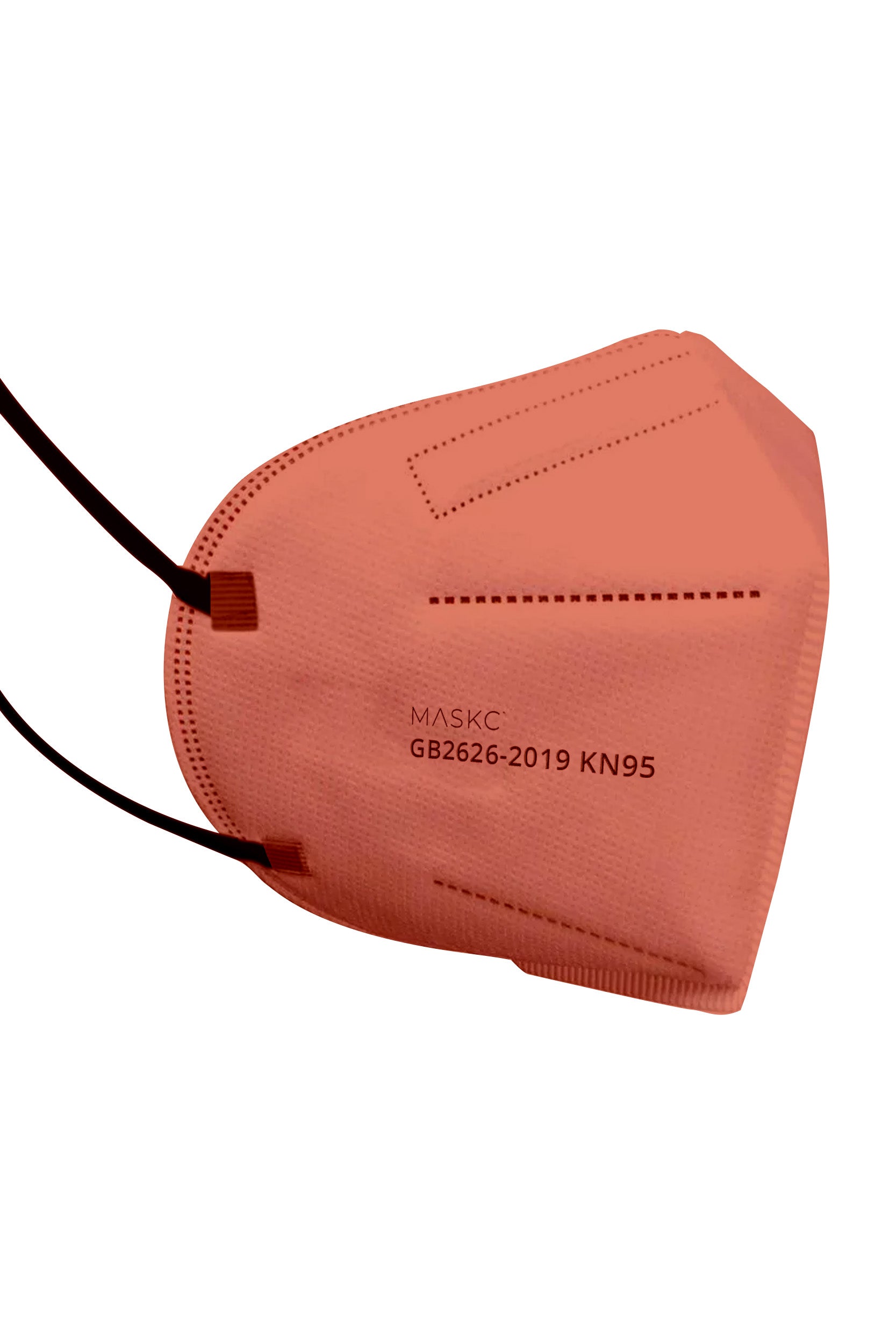 Stylish dark red KN95 face mask, with soft black ear loops and high quality fabric. 