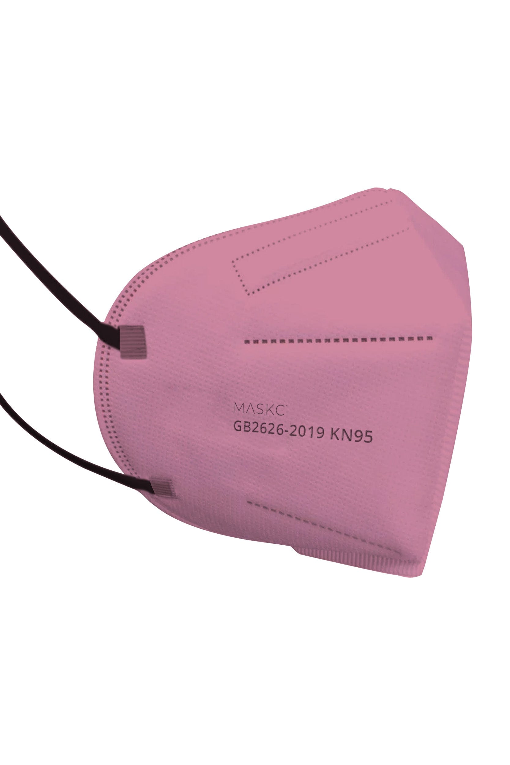 Stylish pink KN95 face mask, with soft black ear loops and high quality fabric. 