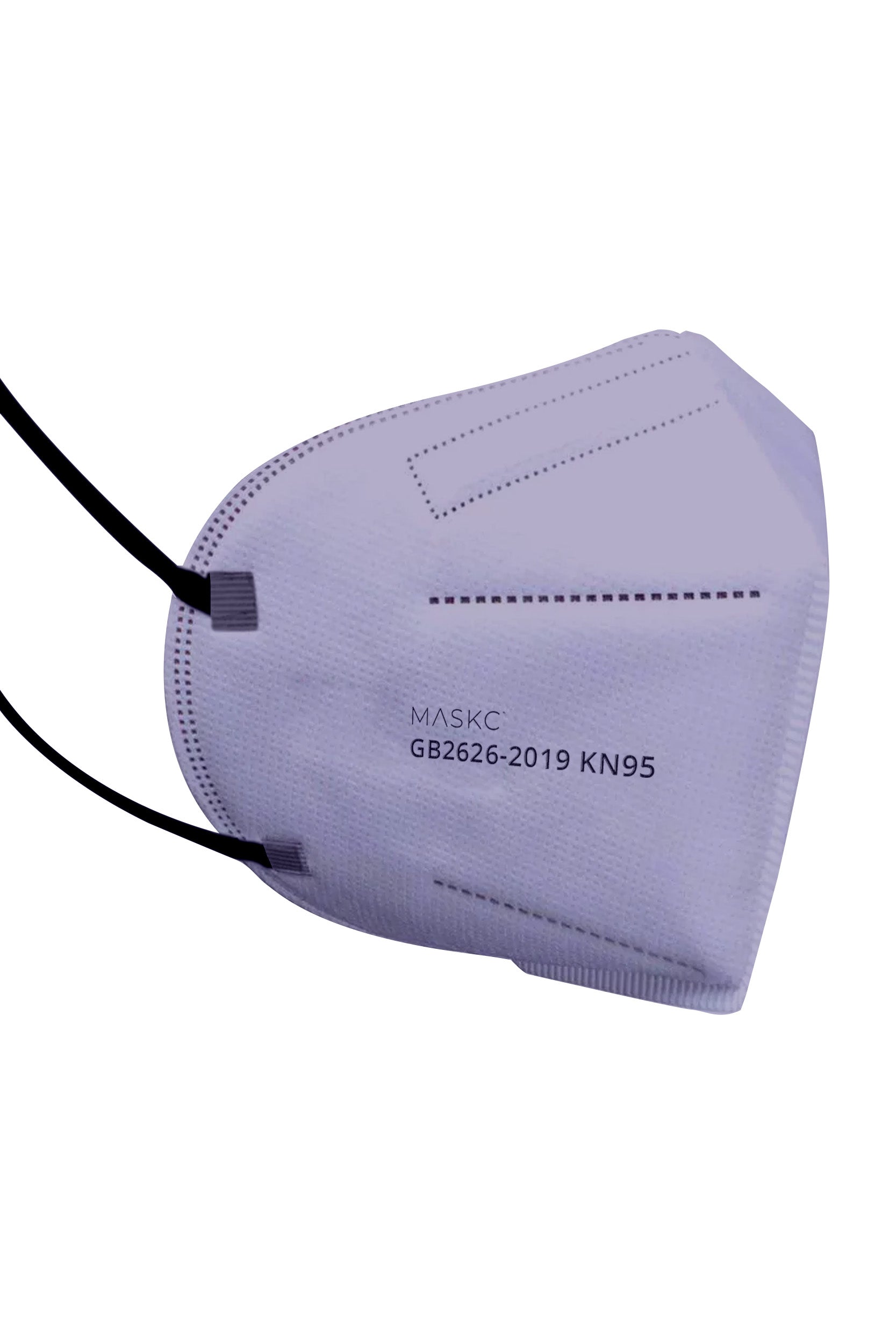 Stylish light purple KN95 face mask, with soft black ear loops and high quality fabric. 