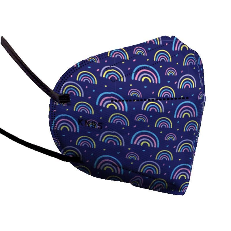 Stylish Kids Size Blue Rainbow KN95 face mask, with soft black ear loops and high quality fabric. 