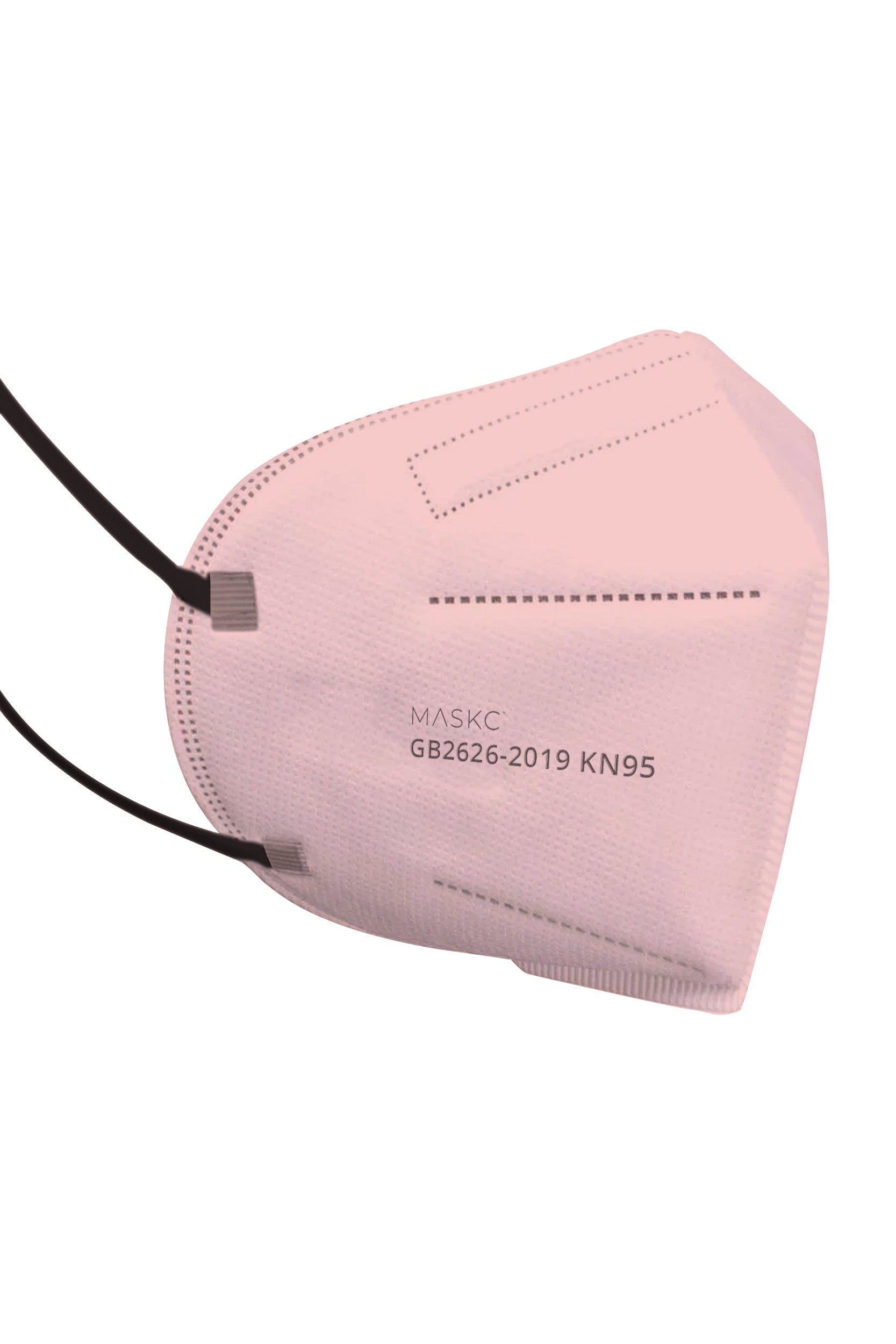 Stylish Kids Size Light Pink KN95 face mask, with soft black ear loops and high quality fabric. 